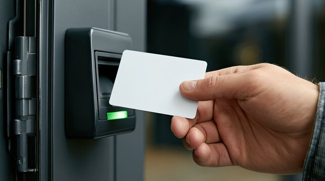 Hand holds blank card near activated access reader