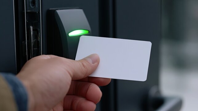 Hand holds blank card to access control reader, green light indicates authorization