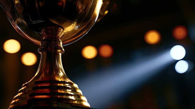 Gleaming golden trophy on a pedestal, spotlight and bokeh background
