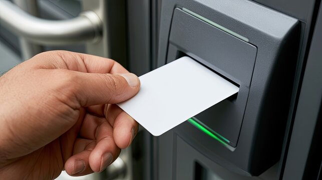 Hand inserts blank card into slot of modern access or payment terminal