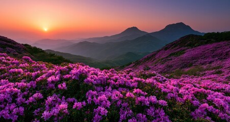 Fototapeta premium Sunset illuminates vast mountain range blanketed in vibrant pink blossoms