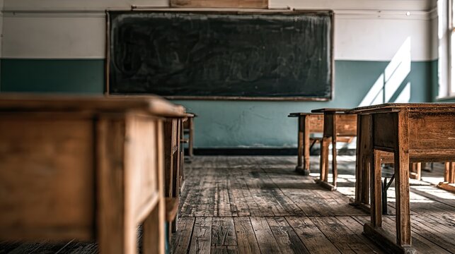 Dusty wooden desks and an empty chalkboard bathed in sunlight in an old classroom