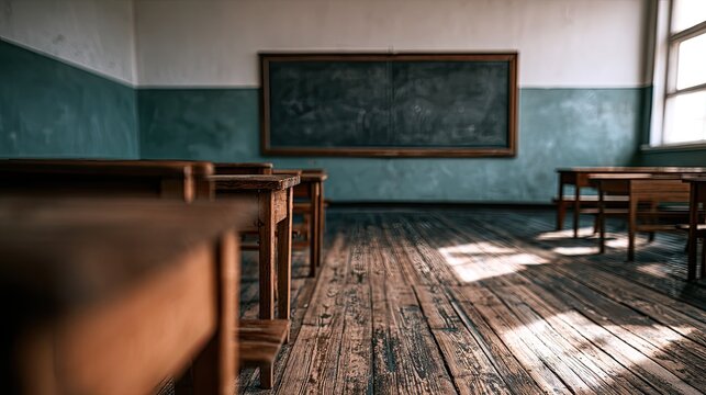 Empty, aged classroom with wooden desks, a chalkboard, and sunlit floor