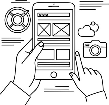Mobile app design concept with hands using smartphone, wireframe and icons.