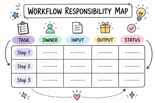A workflow responsibility map template is displayed, illustrating a structured process for tracking tasks across multiple steps.