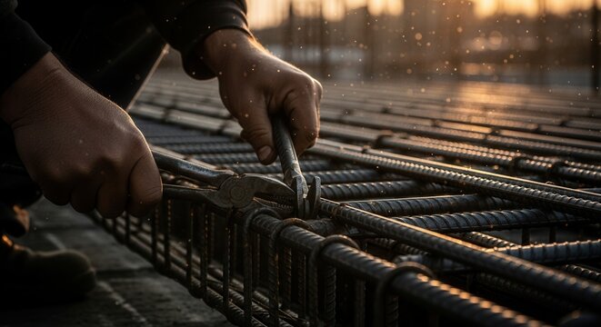 Skilled Hands Crafting Reinforcement Steel for Construction Project at Sunset