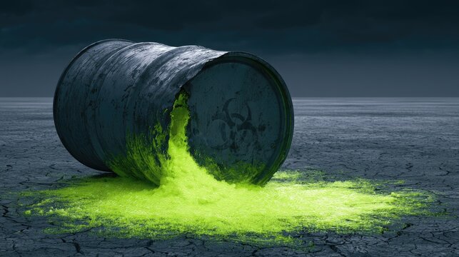 Overturned rusty barrel spills bright green toxic sludge onto parched earth
