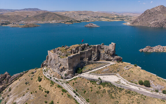 Historic Pertek Castle on the Waters of Keban Reservoir in Tunceli, Turkey with Scenic Landscape View