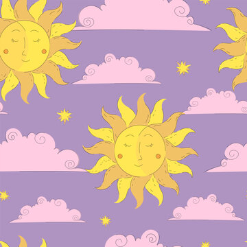 Seamless pattern with celestial sun, clouds ans stars