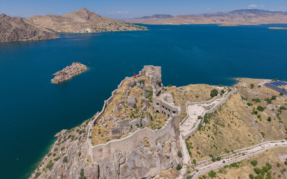 Historic Pertek Castle on the Waters of Keban Reservoir in Tunceli, Turkey with Scenic Landscape View