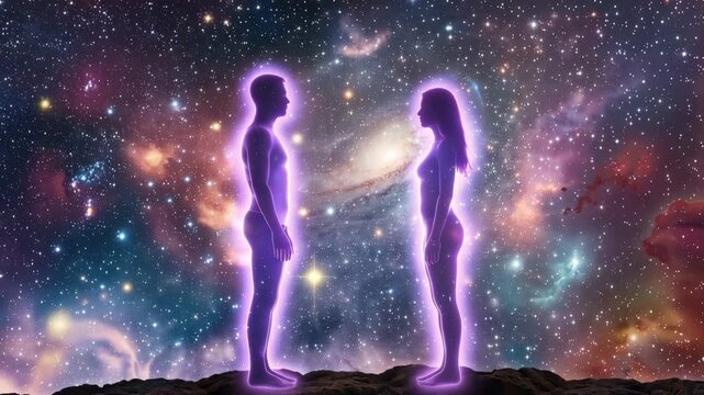 Silhouettes of a man and woman with glowing purple aura in space 4k video