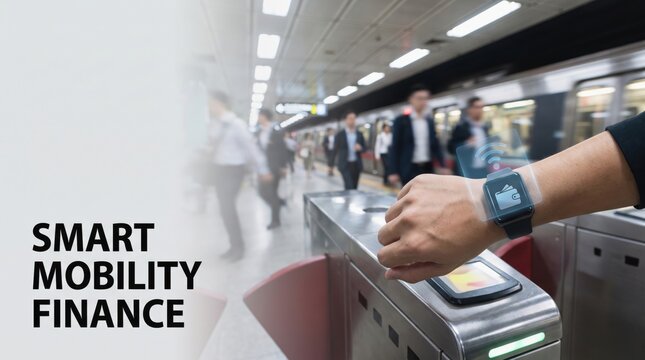 next gen payment concept. Commuter tapping smartwatch to pay at a subway turnstile