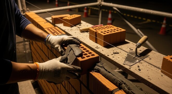 Skilled Hands Constructing A Brick Wall With Precision And Care