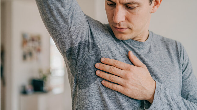 Man with excessive sweat stain under armpit hyperhidrosis concept