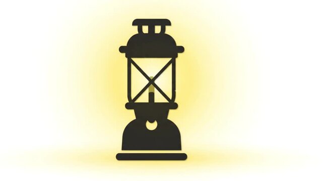 Flat vector animation of a classic vintage camping lantern or pressurized gas lamp. Features a dark silhouette of the lantern framework with a warm, flickering yellow light glow emanating from the gla