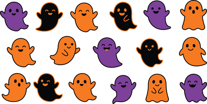 Colorful halloween ghosts set flat icons on white background