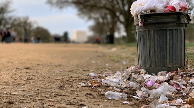 Overfilled bin overflows with waste on a path; debris litters ground