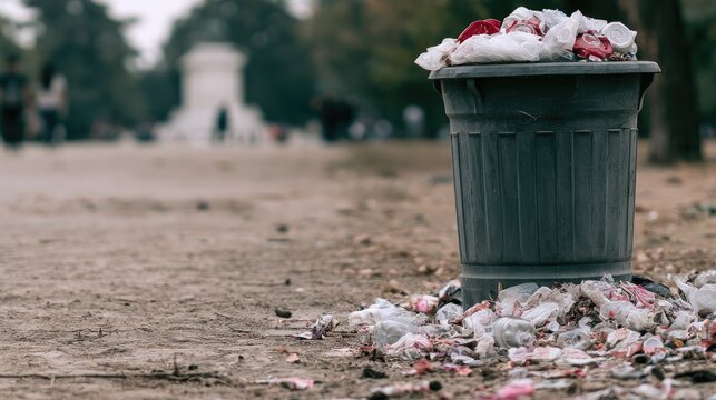 Overflowing trash bin in a park with litter scattered on the ground