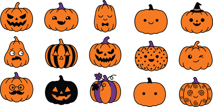 Collection of cute halloween pumpkins vector illustrations with various expressions