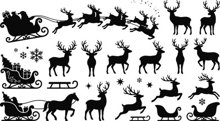 Black and white holiday deer and sleigh vector icons © SULTAN MIAH