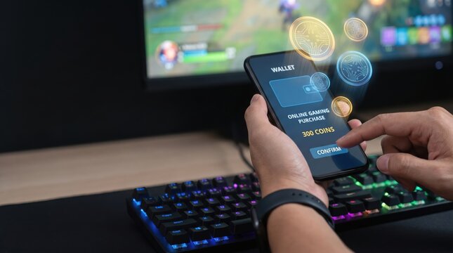 next gen payment concept. Person using smartphone wallet to buy in game coins beside gaming keyboard