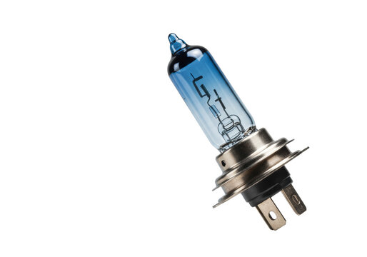 A pristine H4 dual-filament car headlight bulb with blue-tinted glass isolated on a transparent background with copy space. Concept of automotive maintenance