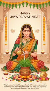 Indian woman in traditional sari offering water to a potted plant for jaya parvati vrat festival, featuring marigold garlands, lit oil lamps, and ornate architectural archway background