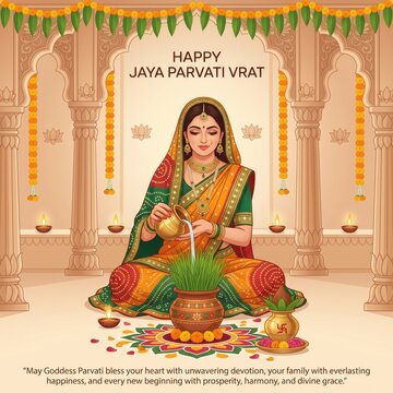 Indian woman in traditional saree pouring water on wheat grass in a pot, jaya parvati vrat celebration with lit diyas and floral decorations in an ornate temple setting