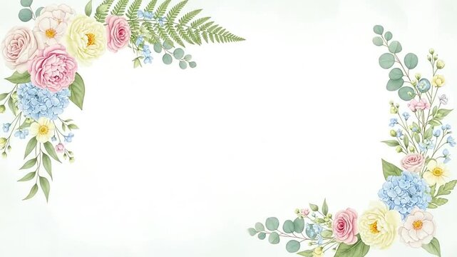 Elegant floral frame with roses and hydrangeas on white.