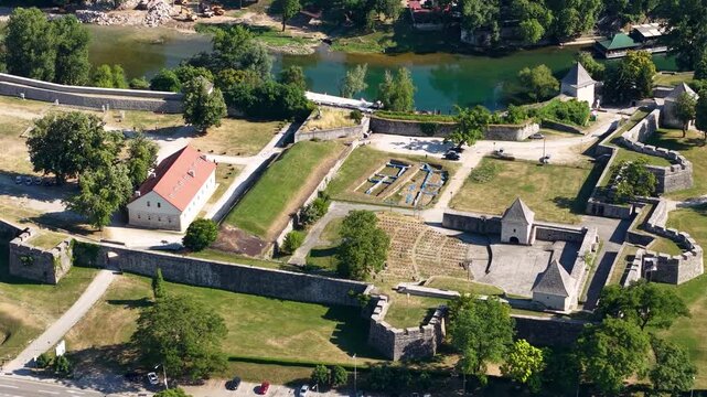Drone Shot of Kastel Fortress by Vrbas River in Banja Luka, Bosnia and Herzegovina, Medieval Landmark