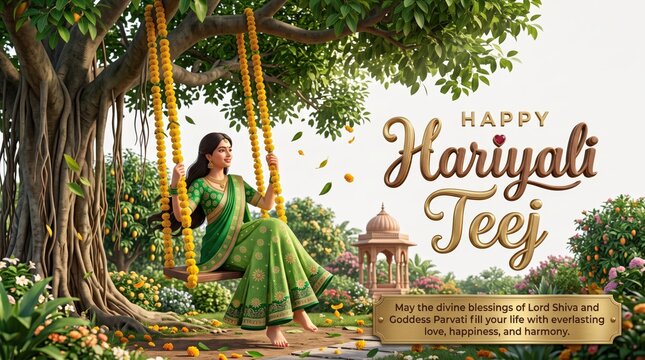 Indian woman in a traditional green saree sitting on a marigold flower swing under a large banyan tree, celebrating the hariyali teej festival with festive text and a garden background