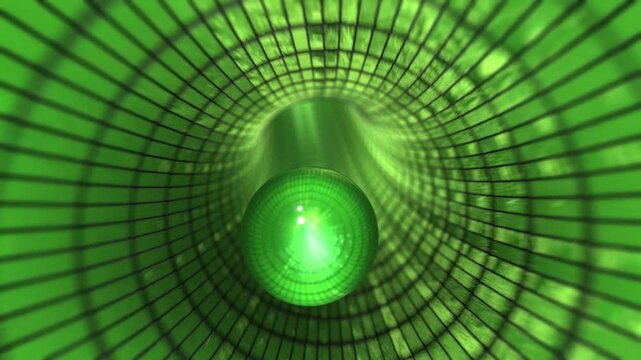 Abstract green tunnel with a glowing sphere moving through it