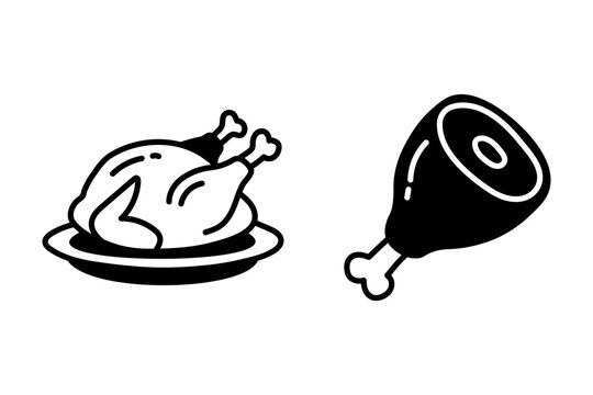 Roast Chicken and Meat Leg Icons. Black Line Art Food Elements