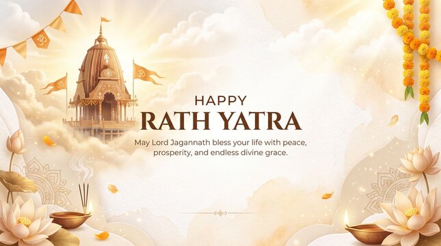 Golden jagannath temple for rath yatra festival, featuring floating lotus flowers, traditional marigold garlands, and glowing oil lamps in a soft ethereal cloud background