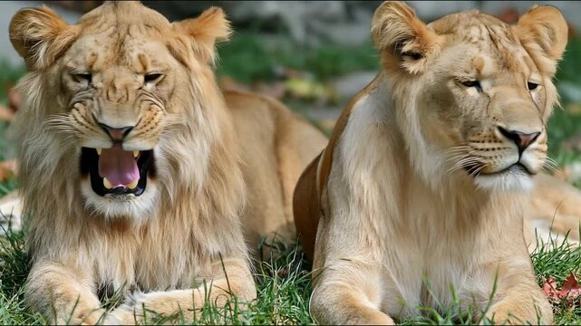 Two young lions resting on the grass provide a majestic backdrop that symbolises the power  brotherhood and life of predators in their natural habitat.