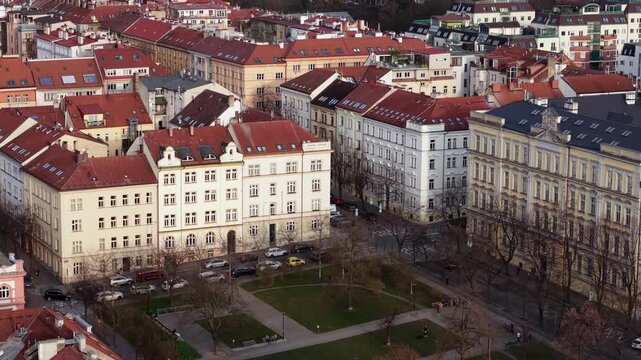 Drone Shot of Old Buildings in Residential Neighborhood of Prague Czechia on Sunny Evening