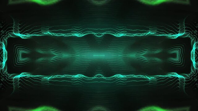 Abstract glowing turquoise digital wave patterns forming a symmetrical tunnel effect