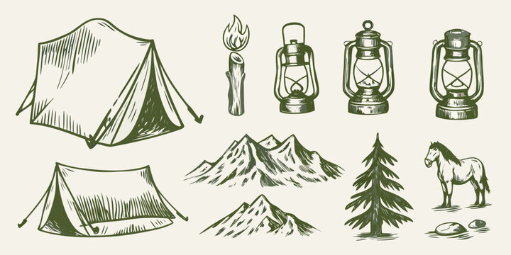 Camping Equipment And Wilderness Scene Vintage style Vector Illustration