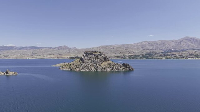 Aerial Drone View of Pertek Castle on Keban Reservoir in Tunceli, Turkey with Historic Fortress Landscape