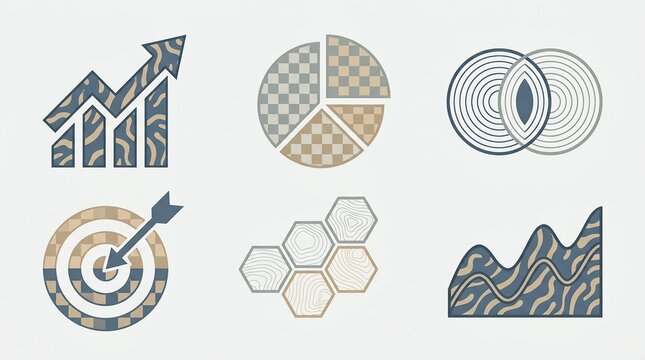 Geometric business graphics including graphs, pie charts, and abstract patterns on a soft background