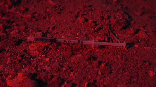 Used syringe lying on the ground at an active crime scene, illuminated by the flashing red and blue emergency lights of a police car, representing evidence of drug use or overdose
