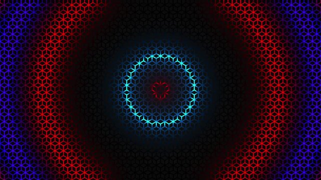 Abstract Hexagonal Grid Tunnel with Glowing Neon Rings, Futuristic Technology Geometric Motion Graphic Loop 4k Background