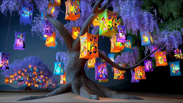 A tree decorated with multicoloured glowing lanterns creates a magical backdrop for celebrations  enchantment and creative activities.