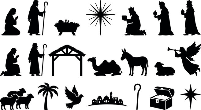 Christmas nativity scene silhouettes collection holy family three wise men and angel vector icons set