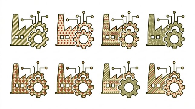 Set of eight unique, stylized, abstract gear symbols with technology patterns in earthy tones