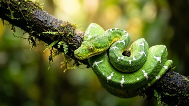 emerald tree boa close up in amazon rainforest at morning light video