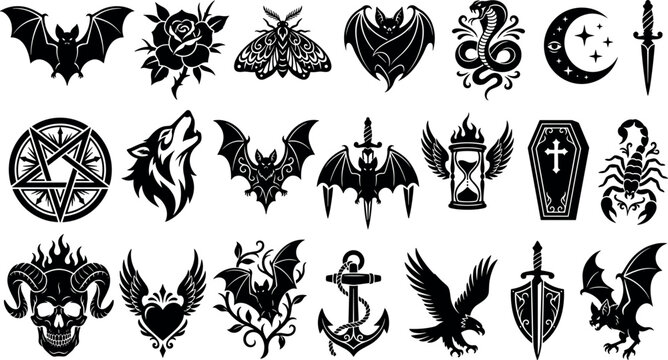 Gothic tattoo flash silhouettes collection mystical occult emblems and black vector icons set