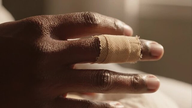 Close-Up of a Person's Finger with a Fabric Adhesive Bandage Wrap