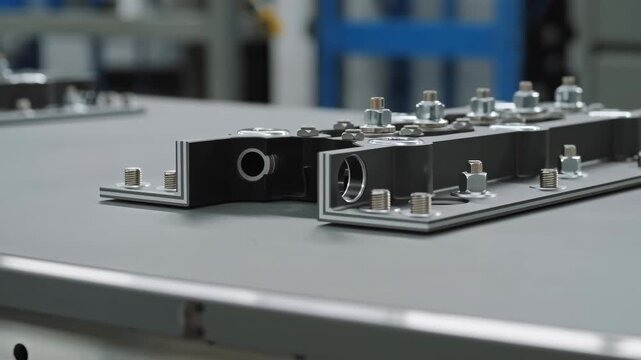 Industrial mounting bracket and busbar assembly resting on workshop workbench with machined metal details, circular bores, recessed edges, cool diffused lighting, shallow depth and precise