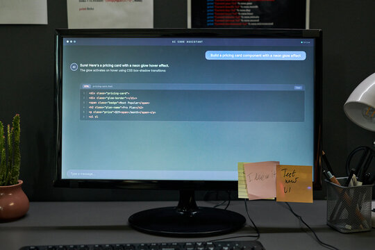 Close up of computer monitor displaying AI code assistant generating web component markup for developer workflow. Ideal for software development, coding automation, SaaS marketing